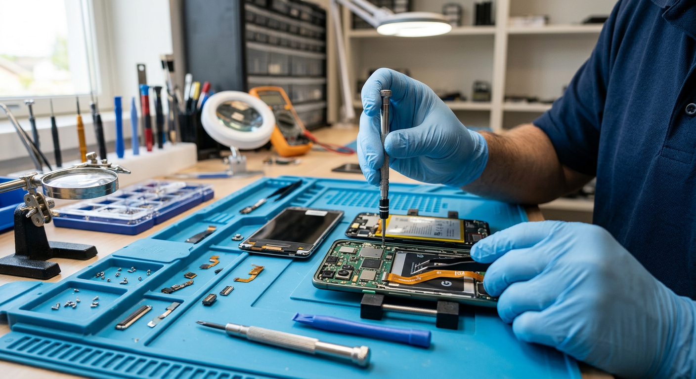 Techniker repariert Smartphone mit Präzisionswerkzeug