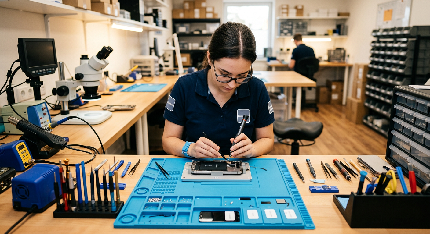 Technikerin repariert Smartphone in einer Handywerkstatt